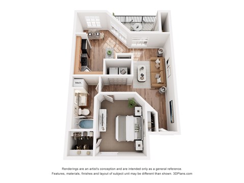 A 3D floor plan of a house with a kitchen, living room, and bathroom.